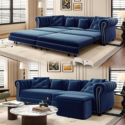 3-in-1 Pull Out Sofa Bed - 89 King Size Convertible Sleeper Sofa, Large Velvet 3-Seater Sofa with Movable Ottoman, Sleek Rivet Detailing Tufted Design Pull Out Couch Blue