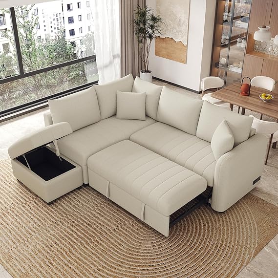 LUMISOL 82.6" Convertible Sleeper Sofa Bed with Storage Ottoman, L-Shaped Sectional Sofa with Charging Stations, Pull Out Sofa Couch with Chaise for Living Room, Apartment, Beige