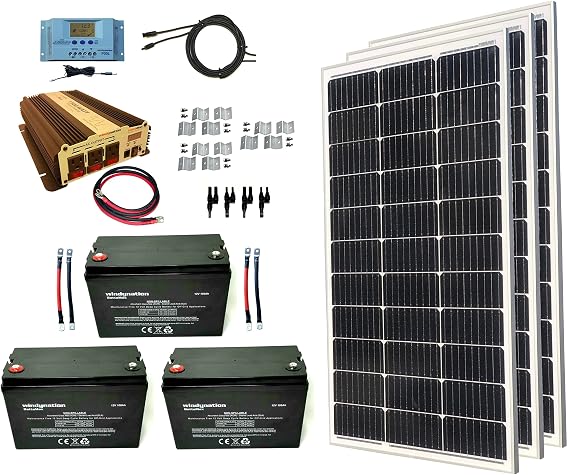 WindyNation 300 Watt Monocrystalline Solar Panel Kit + 1500W VertaMax Power Inverter + 300ah AGM Deep Cycle Battery for RV, Boat, Off-Grid 12 Volt Battery Systems