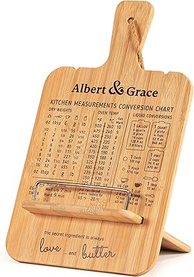 Albert&Grace Adjustable Bamboo Cookbook Stand with Conversion Chart Recipe Book Holder for Kitchen Counter, Large Wooden Stand for Cookbooks, Tablets, iPads