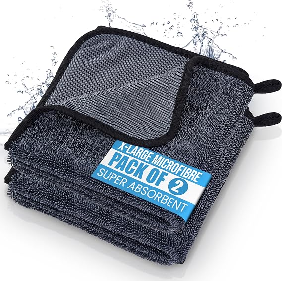 2 Pack Large Microfibre Cleaning Cloth, 60x40cm, 600 GSM | Reusable, Washable, Lint-Free, Streak-Free, Super Absorbent, Dark Grey, X-Large, For Kitchen, Car, Bathroom, All-Purpose