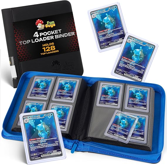 FunGuys Toploader Binder 4 Pocket Trading Card Binder for 128 Top Loaders, Pokemon Card Binder, MTG, Yugioh, Sports Cards, TCG Storage Album, Zipper Card Collector Folder