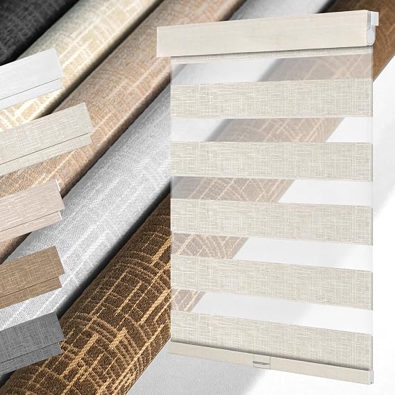 No Drill No Tools Zebra Blinds for Windows,Linen Fabric Cordless Zebra Shades,Custom Double-Layer Window Blinds,Easy to Install Roller Shades, Ivory White,Custom Size