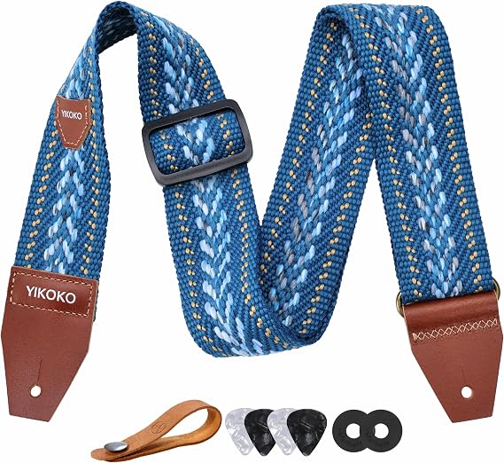 YIKOKO Guitar Strap with Pick Pocket,2 inch Cotton Guitar Straps with Full Grain Leather End, for Bass Electric and Acoustic Guitars, Free Strap Button, 2 Strap Locks and 4 Guitar Picks