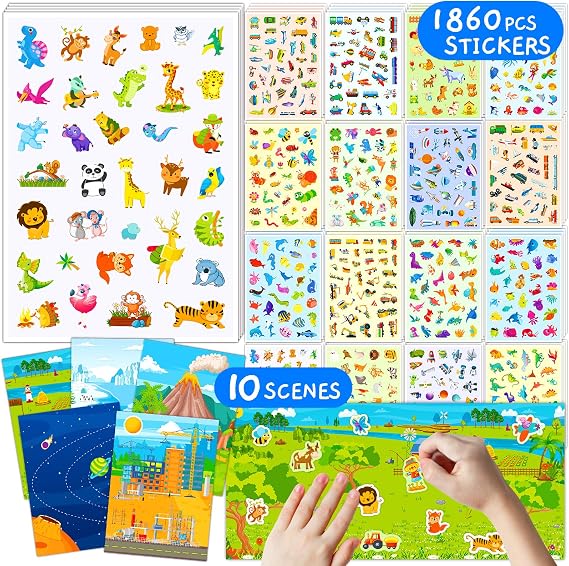 HomSeon 1860PCS Kids Stickers Bulk 54 Sheets with 5 DIY Scene Boards