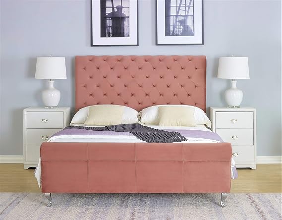 Container Furniture Direct Mid Century Modern Tufted Upholstered Bed, King Size, 79", Rose