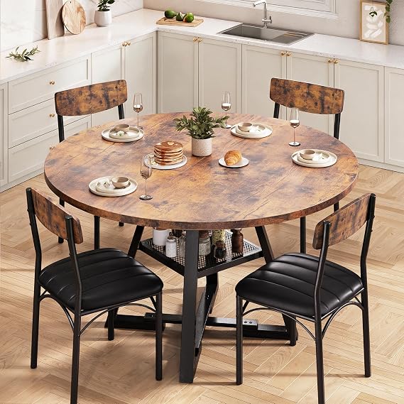 Dining Table Set for 4,Kitchen Table and Chairs for 4, Round Dining Room Table with Upholstered Chairs, 5 Piece Space Saving Circle Wood Kitchen & Dining Room Dinner Dinette Table Set (Vintage, 42In)