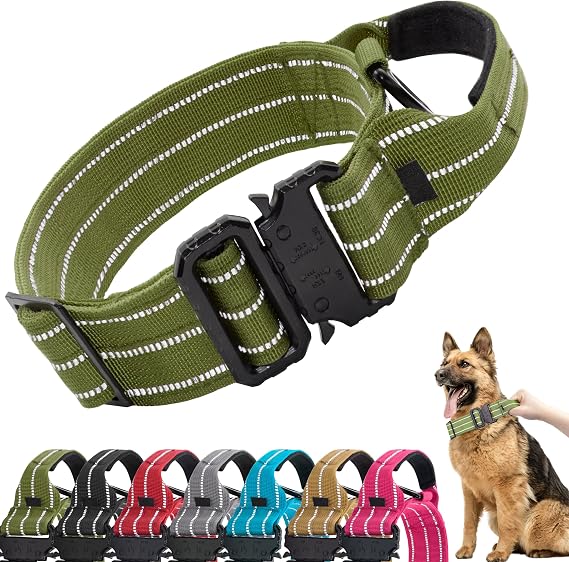 Tactical Dog Collar, Adjustable Military Training Reflective Nylon Dog Collar with Control Handle, Heavy Duty Metal Buckle for Medium and Large Dogs(M, Green)