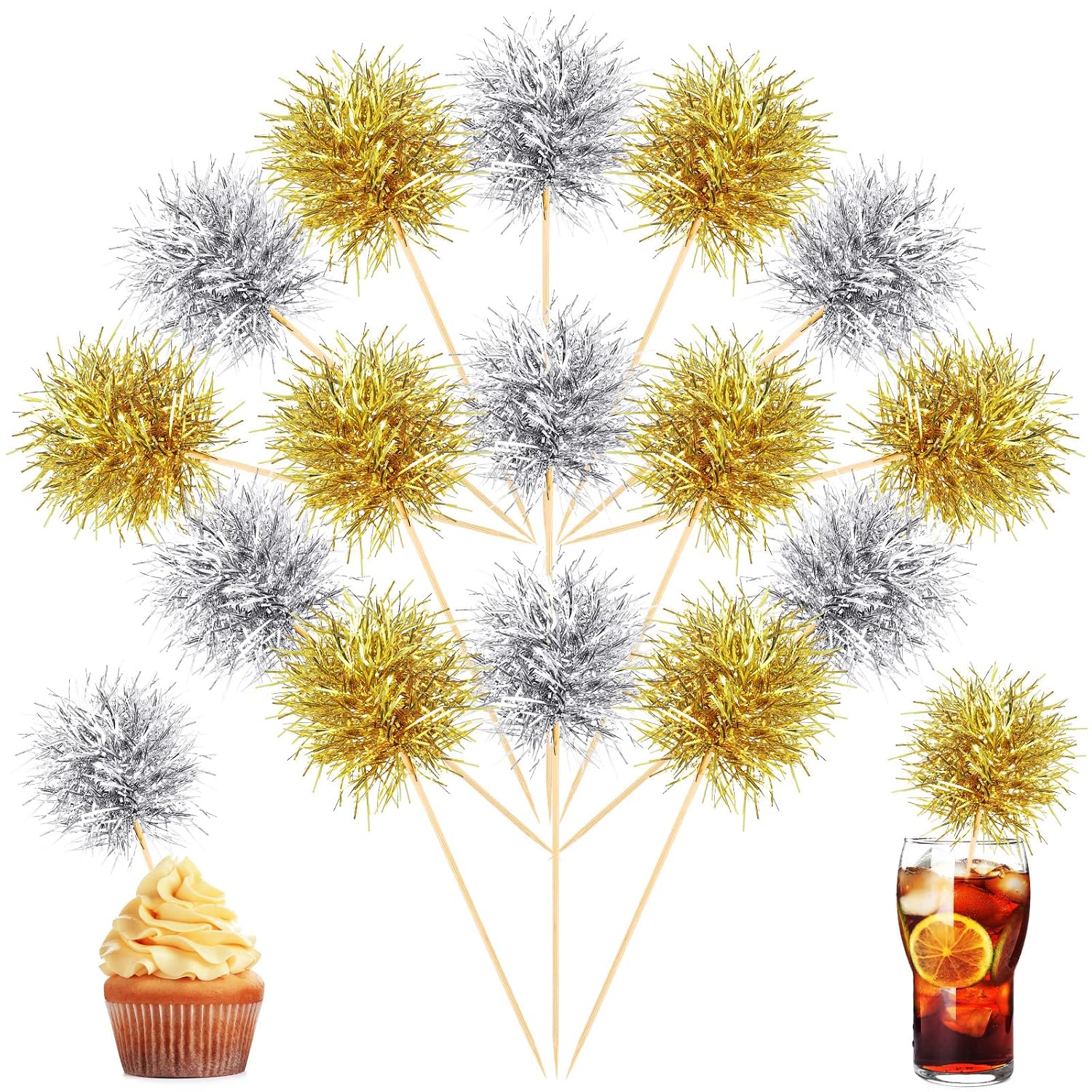 Chinco 100 Pcs Foil Firework Cupcake Toppers Sparkle Tinsel Cake Toppers Cake Decoration Cocktail Fruit Toothpick for Birthday Wedding Graduation PartyGold, Silver
