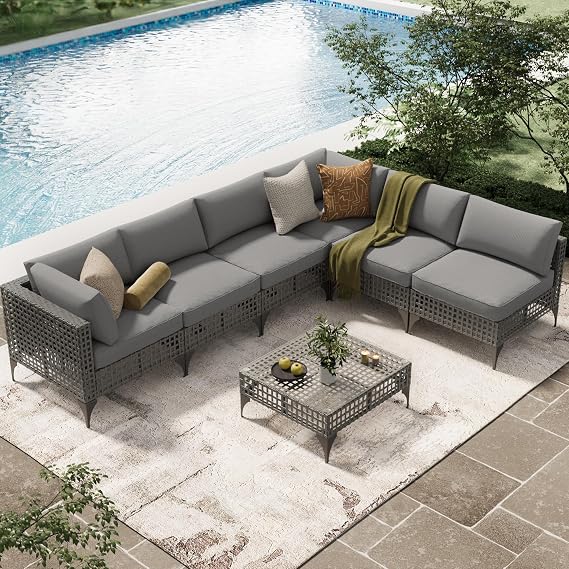 AECOJOY 7 PCS Patio Outdoor Furniture Set with Tea Table, Boho Outdoor Sectional Outdoor Sofa Wicker Conversation Set, Grey Rattan&Light Grey Cushions