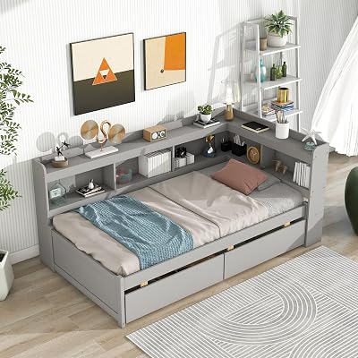 Twin Size L-Shaped Corner Daybed with Bookcase Headboard,Captains Bed with Underneath Storage Drawers and USB Ports for Kids Adults,No Box Spring Needed,Grey