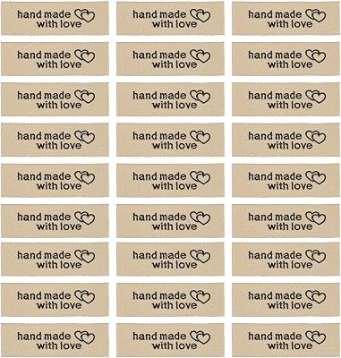 MECCANIXITY 100pcs Sewing Labels, Handmade with Love Labels Personalized Satin Embossed Tags Woven Sew on Clothing, Fabric for DIY Knitting Crocheting Sewing Crafts Brown