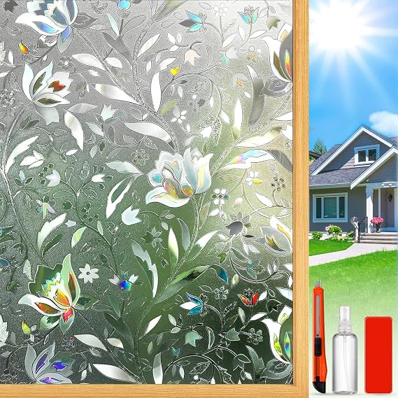 Rainbow Window Privacy Film Decorative, Stained Glass Tint for Home, 3D Decals Clings for Glass Door, Static Cling 29.5" by 78.74"