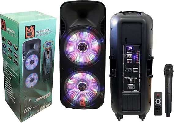 Mr. Dj DJ215BTA/AFTER Party Dual 15" 5000W Max Power Speaker with Built-in Bluetooth & Battery, 1" LCD/MP3/USB/SD Slot