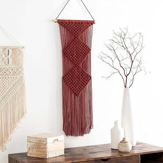 Unknown1 Burgundy Diamond Macrame Wall Hanging 40" h X 14" w Red Textured Global Cotton Handmade