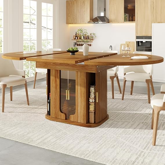 Extendable Dining Table 4-6 Seater, Round Extending Dining Table with Glass Doors, 118-158cm, Extends to Oval, Modern Kitchen Table for Living Room, Dining Room, Restaurant, Walnut