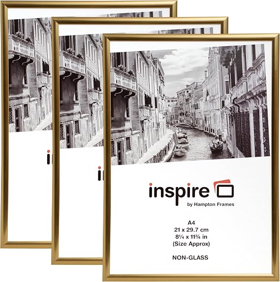 Hampton Frames | A4 Backloader Picture Frame Set, Gold, 3 Pack, Acrylic Front | Easy Load Design, Lightweight, Wall or Desk Display | For Photos, Posters, Certificates