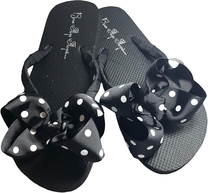 Black Polka Dot Bow Flat Flip Flops - Customize Ribbon