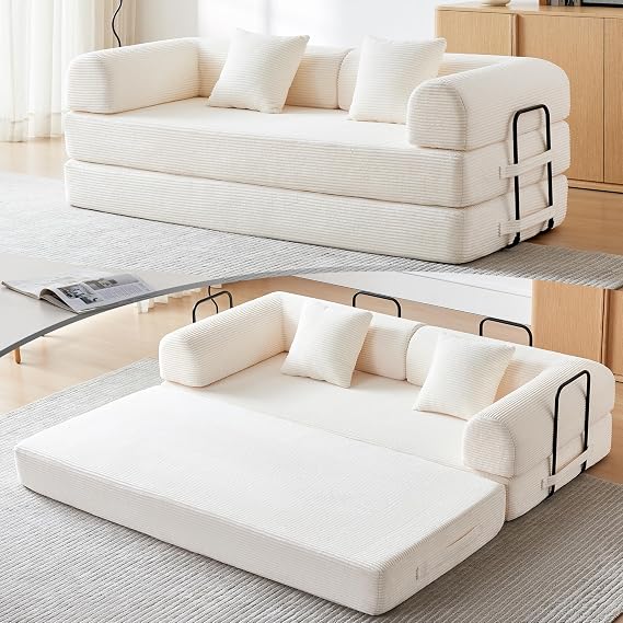 79" Convertible Sofa Bed, Boneless Couch for Living Room (Beige White)