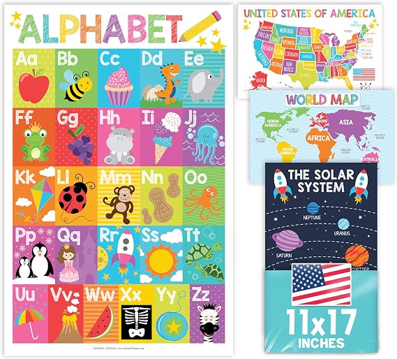 4 Alphabet, Map of United States, World Map, Solar System Posters - Laminated ABC Charts for Toddlers Wall Decor, Colorful Posters for Kindergarten, Prek Classroom or Homeschool 11x17