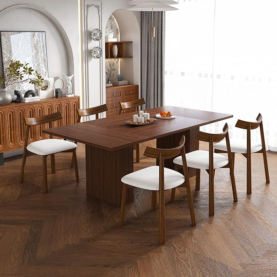 78-inch Long Dining Table Set for 6 in Natural Wood Veneer, Rectangular MDF Kitchen Table with Storage Base & 6 PU Cushioned Chairs, Modern Rustic Dining Set for Kitchen and Dining Room