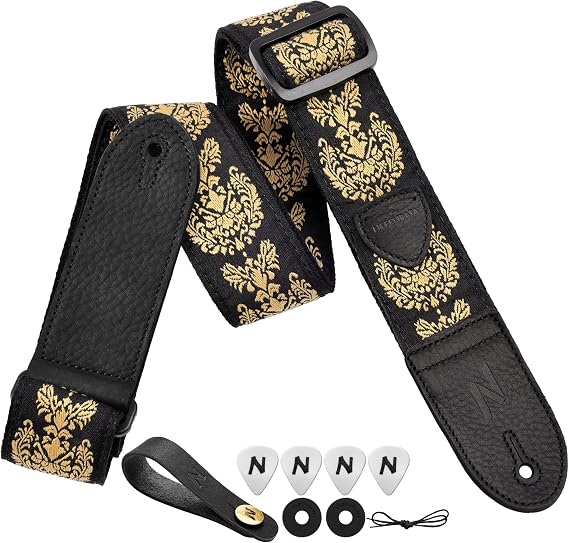 Nefelibata Guitar Strap,Double Full-Grain Leather Ends,Baroque Curly Grass Strap/FREE BONUS-4 Picks+Strap Locks+Strap Button,Gift For Bass,Electric&Acoustic Guitars(Yellow Curly Grass)