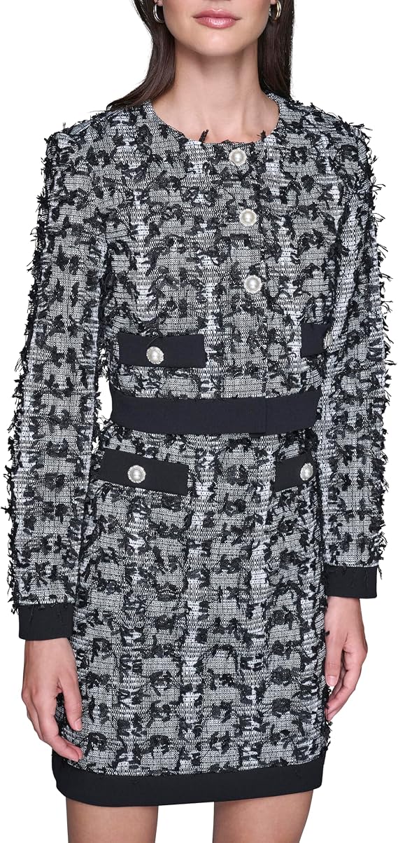 KARL LAGERFELD Women's Long Sleeve Bow Tweed Buttoned Cropped Jacket