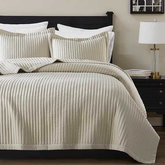WDCOZY Beige Twin Size Quilt Set, Striped Pick Stitch Lightweight Bedspread, Soft Channel Farmhouse Rustic Coverlet, Spring Summer Thin Comforter, Country Bedding, 68x90 inches