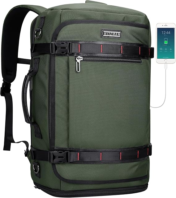 WITZMAN Travel Backpack for Men 35L TSA Friendly Flight Approved | Nylon Laptop Backpack Multi-pocket Fits 16 Inch, Carry-on Luggage, Shoe Compartment, For Business Trip, Vacation, B718 Green