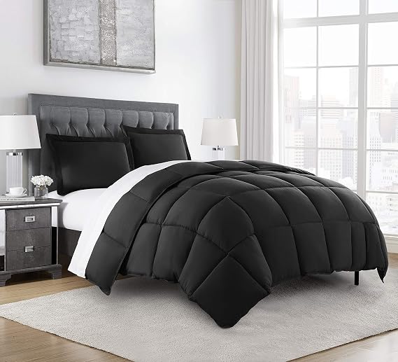 Chezmoi Collection 3-Piece All Season Queen Comforter Set Black, Soft Quilted Down Alernative Duvet Insert with Corner Tabs, Lightweight Microfiber Bedding, 88 x 88 Inches
