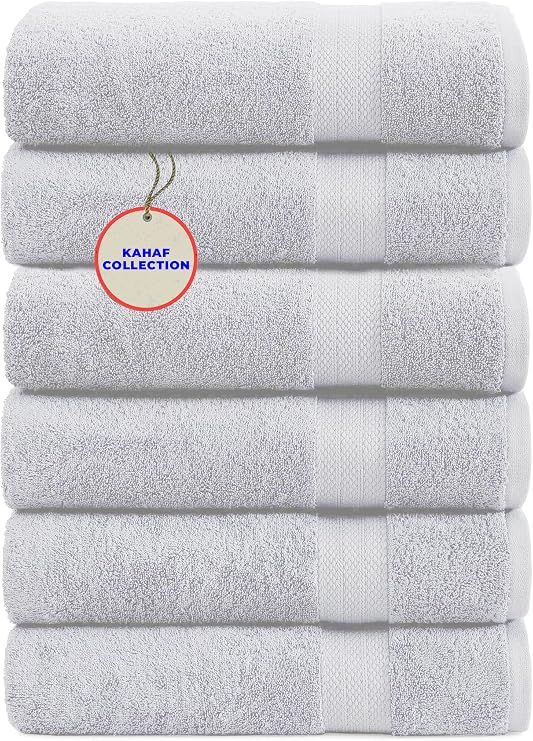 KAHAF COLLECTION 100% Cotton Bath Towel Set, White 24x48 Pack of 6 Towels, Quick Dry, Highly Absorbent, Soft Feel Towel, Gym, Spa, Bathroom, Shower, Pool, Luxury Soft Towels Light-Weight