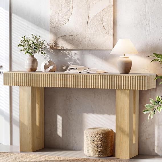 63" Long Console Table, Fluted Sofa Table Behind Couch, Natural Oak