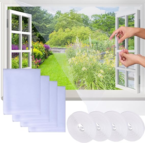 Fly Screens for Windows Net, DIY 4 Pack 1.5mx1.8m Window Netting for Insects, with Cutter and Self-Adhesive Tape, Easy Installation Keep Flys/Bugs/Mosquitoes Out (150 x 180CM, White)
