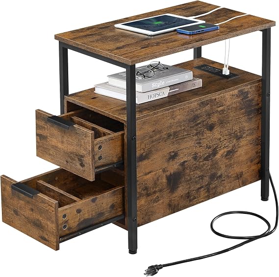 VASAGLE Side End Table with Charging Station, Slim Nightstand with Storage