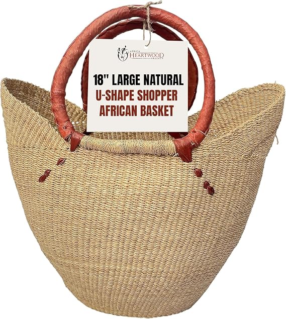 Africa Heartwood Project - Deluxe Large Natural African Shopping Basket with Leather Handle - Classic Heartwood Bolga Market Basket from Women in Bolgatanga, Ghana - 18" U-shape Flat-packed