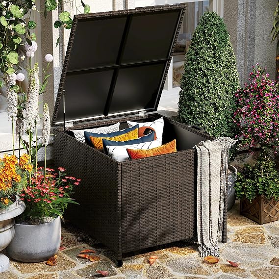 80 gal Deck Box, Outdoor Patio Storage Box, Wicker Patio Deck Boxes with Lid, Waterproof and Weather-resistant, Outdoor Furniture for Cushion,Pillows,Indoor, Pool, Balcony, Yard, Garden(Brown)