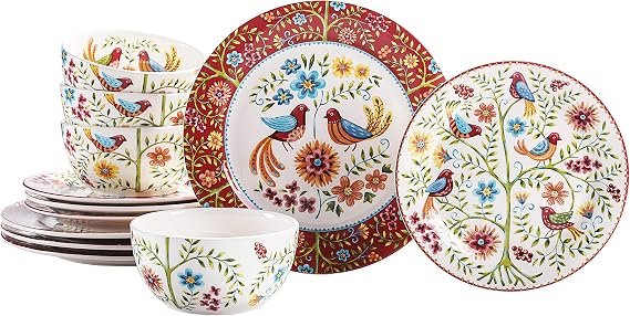 Bico Red Spring Bird Ceramic 12 pcs Dinnerware Set, Service for 4, Inclusive of 11 inch Dinner Plates, 8.75 inch Salad Plates and 26oz Cereal Bowls, for Party, Microwave & Dishwasher Safe