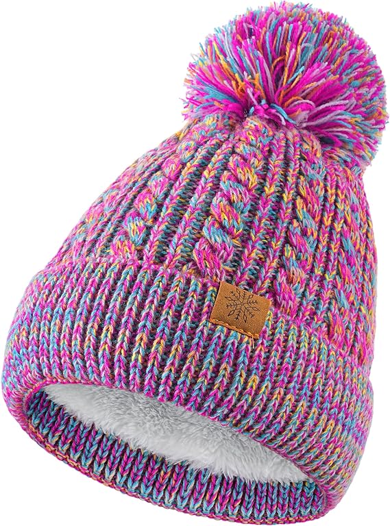 Winter Hats for Kids - Kids Beanie, Toddler Knit Girls Winter Hat Knit | Age 6-14, with Cute Pom-Pom Warm Fleece, Knit Girls Beanie Hats for Girls Boys