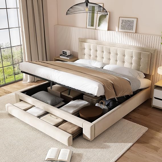 ModernLuxe Super King Size Bed Frame, Fashion Upholstered Ottoman Bed, 6FT Bed Frame with Storage, Slats and Headboard, Hydraulic Bed with Drawers, No Mattress, Cream Velvet Fabric 180x200cm