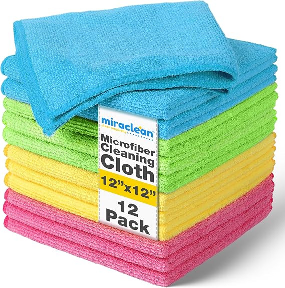 MIRACLEAN Mikrofiber Temizleme Bezleri 12'li Paket - 12 x 12 inç Ekranlar, Toz Alma ve Aletler için Çizgisiz Tüy Bırakmayan Bez Mendil - Premium Gözlük Temizleme Bezi Seti