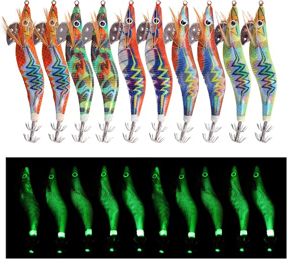 Squid Jig Hook Hard Fishing Lures - 10Pcs Luminous Saltwater Fishing Artificial Shrimp Glow in the Dark Bionic Bait Kit for Fishing Cuttlefish Squid