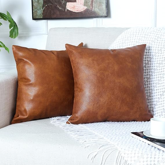 PANOD Pack of 2 Premium Faux Leather Throw Pillow Covers, Modern Luxury Decorative Square Throw Pillow Case Cushion Cases for Farmhouse Sofa Couch Bed Car Outdoor,18x18 inch Brown
