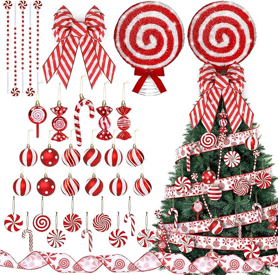 35 Pcs Christmas Candy Tree Ornaments Set Include Candy Tree Topper Lollipop Bows Glitter Hanging Ball Ornaments Peppermint Ribbon for Xmas Holiday Party Festive Home Decor