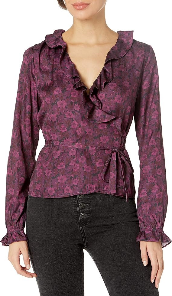 PAIGE Women's Ledare Side Tie Ruffle Neck Line + Cuffs Top
