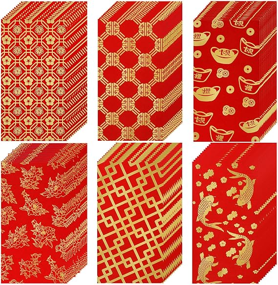 60 Pcs Chinese New Year Red Envelopes 2026 Chinese Red Packets Hong Bao Gift Spring Festival Lucky Money Envelopes 6 Designs 3.5 x 6.7 Inches(Modern Pattern)