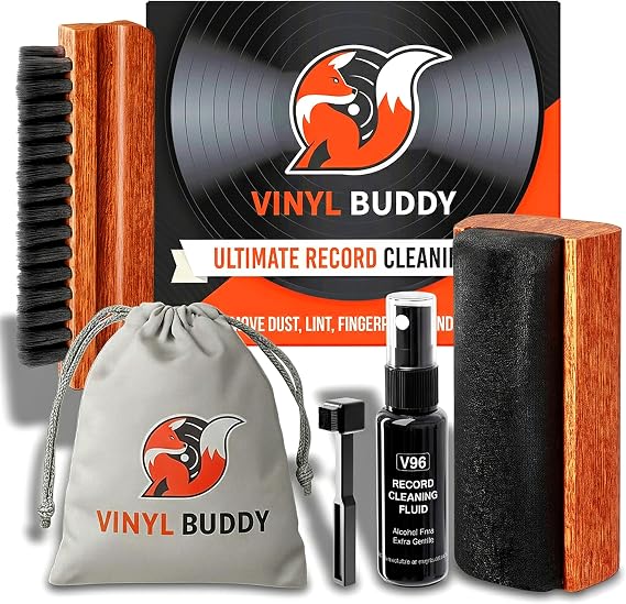 Vinyl Buddy 5-in-1 Vinyl Record Cleaning Kit | Premium Hardwood Velvet & Microfiber Brush, Stylus Brush, Alcohol-Free Solution & Storage Pouch Clean, Protect & Restore Your LPs