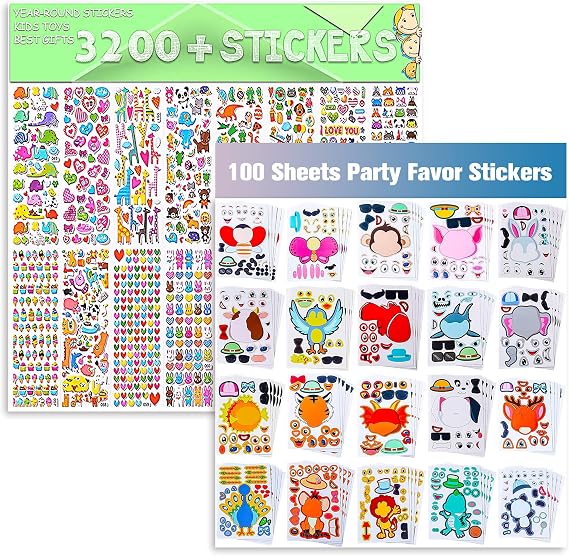 Sinceroduct Kids Stickers - 3200 Putty Ssickers & 100 Pack Animal Face Stickers