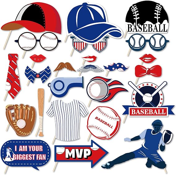 25Pcs Baseball Photo Booth Props with Stick, Theme Selfie Props, Birthday Party Supplies, Photography Backdrop Decorations