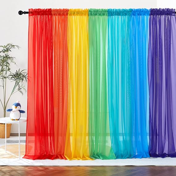 PONY DANCE 7 Pieces Rainbow Sheer Curtains - Colorful Backdrop Bright Drape Set for Playroom,Nurseries,Party,Red,Orange,Yellow,Green,Cyan,Blue,Purple,52x96 inch Long