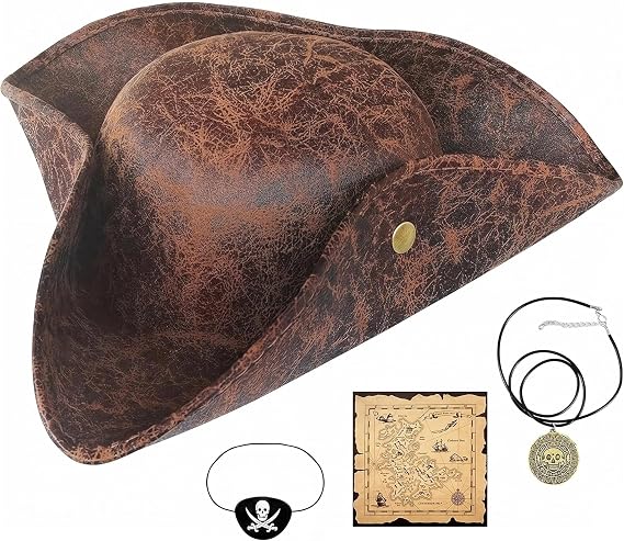 Meirrnyyu 4Pcs Pirate Hat Costome Decoration Set With Eye Patch,Necklaces,Treasure Map,Tricorn Hat Novelty Leather Pirate Hat for Men,Women,Halloween,Costume,Accessories,Cosplay,Gifts